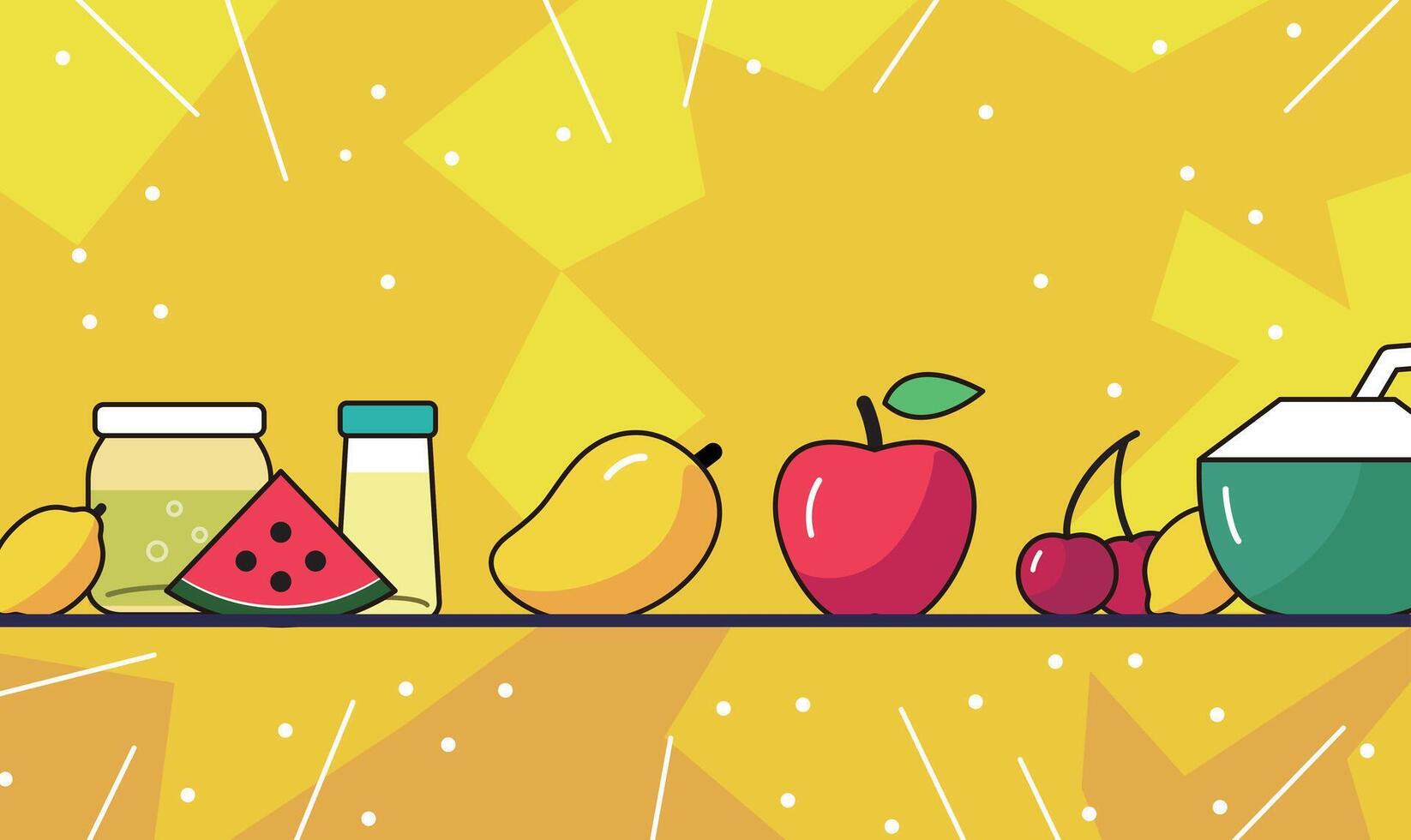 A cartoonish drawing of a bunch of fruits and vegetables, including a watermelon vector