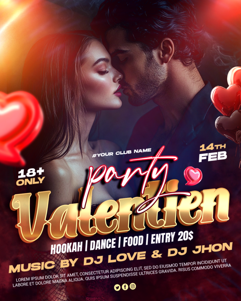valentines day Dj party poster with Couple background Valentines day party advertisement psd
