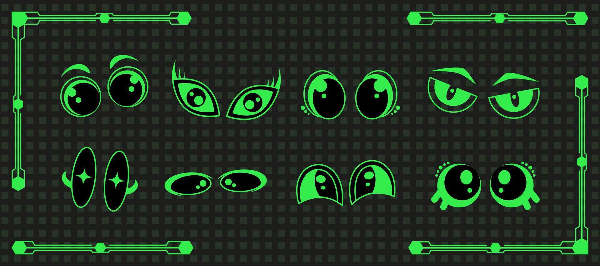 Space trippy acid eye icon set design, retro abstract rave shape collection, psychedelic groovy character graphic, vintage streetwear 90s emotion element, modern techno y2k decoration , vector