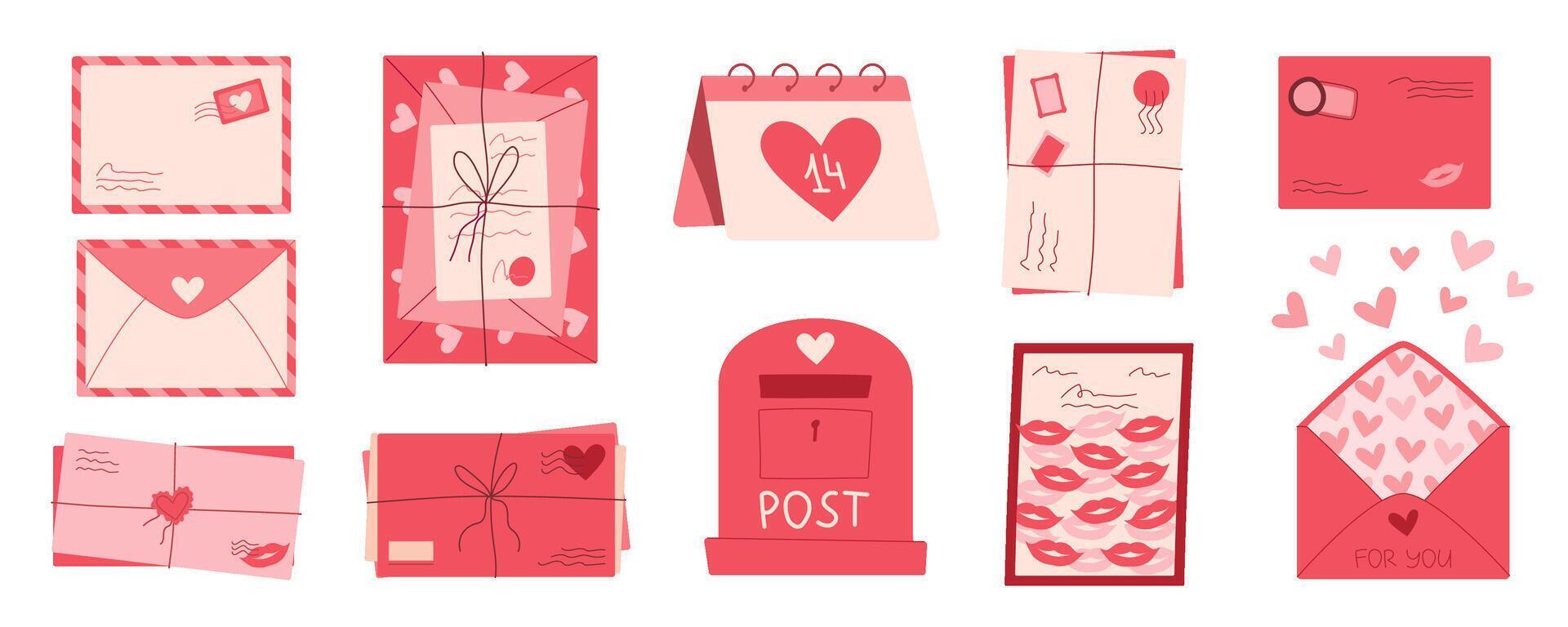 Cute love mail and envelope set concept, trendy style craft post card with lips and kisses, cartoon romantic postcard and letters design with heart and stamps, flat handmade romantic mailbox. vector