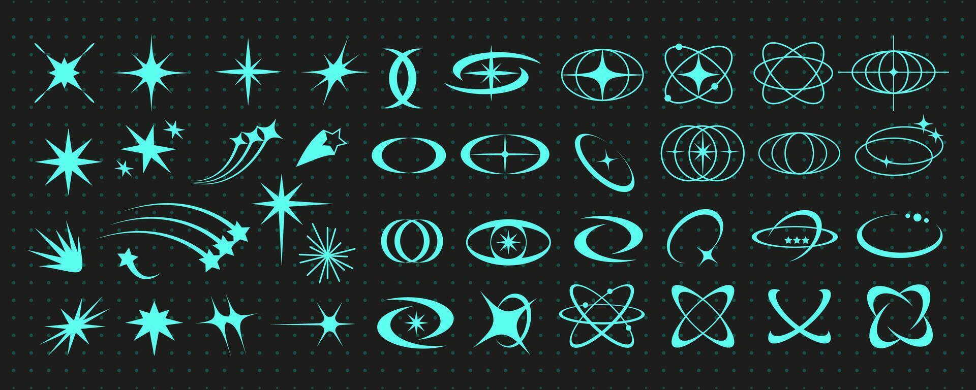 Cyber geometry y2k aesthetic star and planet set, retro abstract rave atom shape graphic, blue neon 90s sparkle element , vintage acid figure set, geometric trendy groovy symbol collection vector