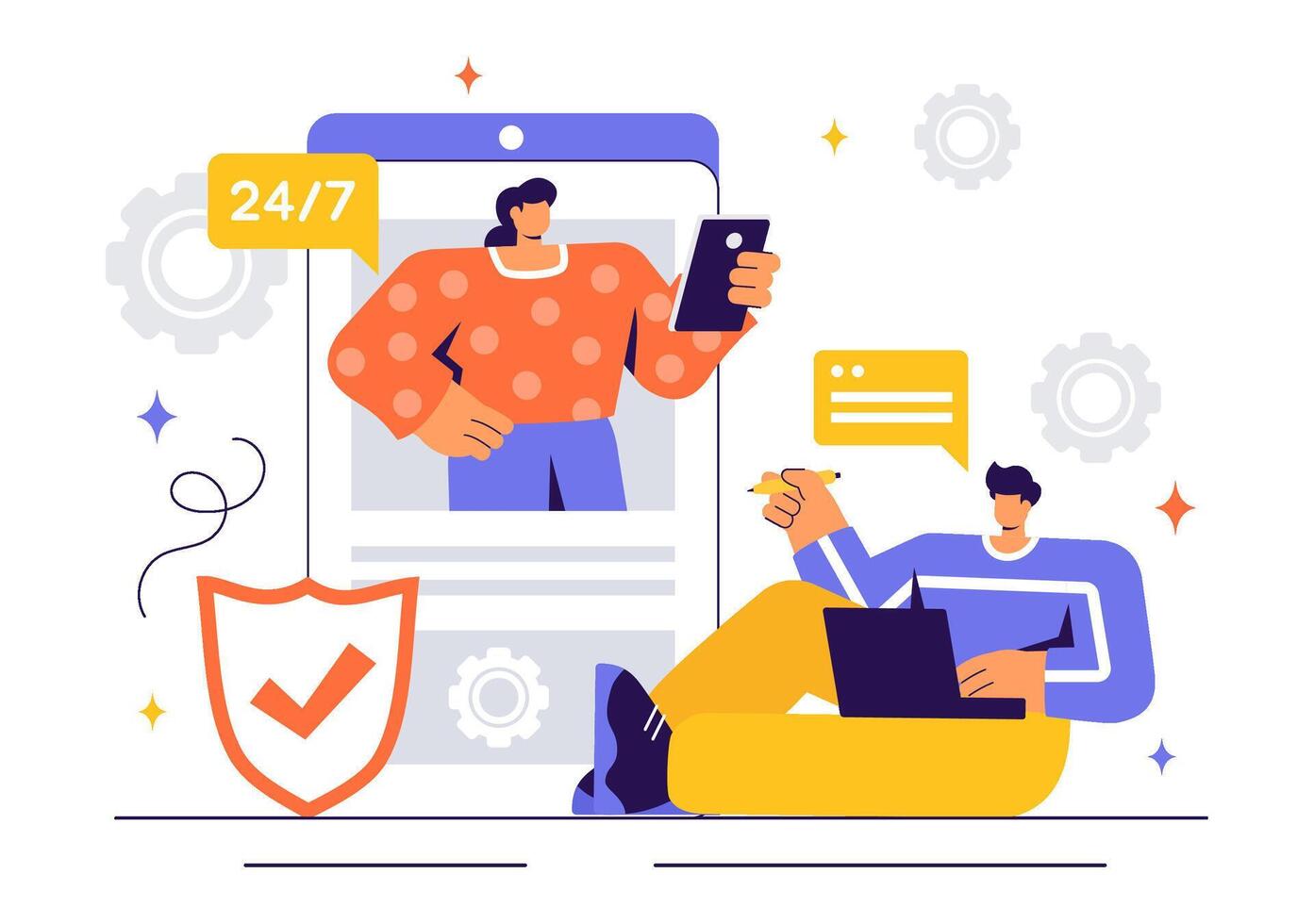 Technical Assistance and Software Troubleshooting Illustration in a Flat Cartoon Background vector