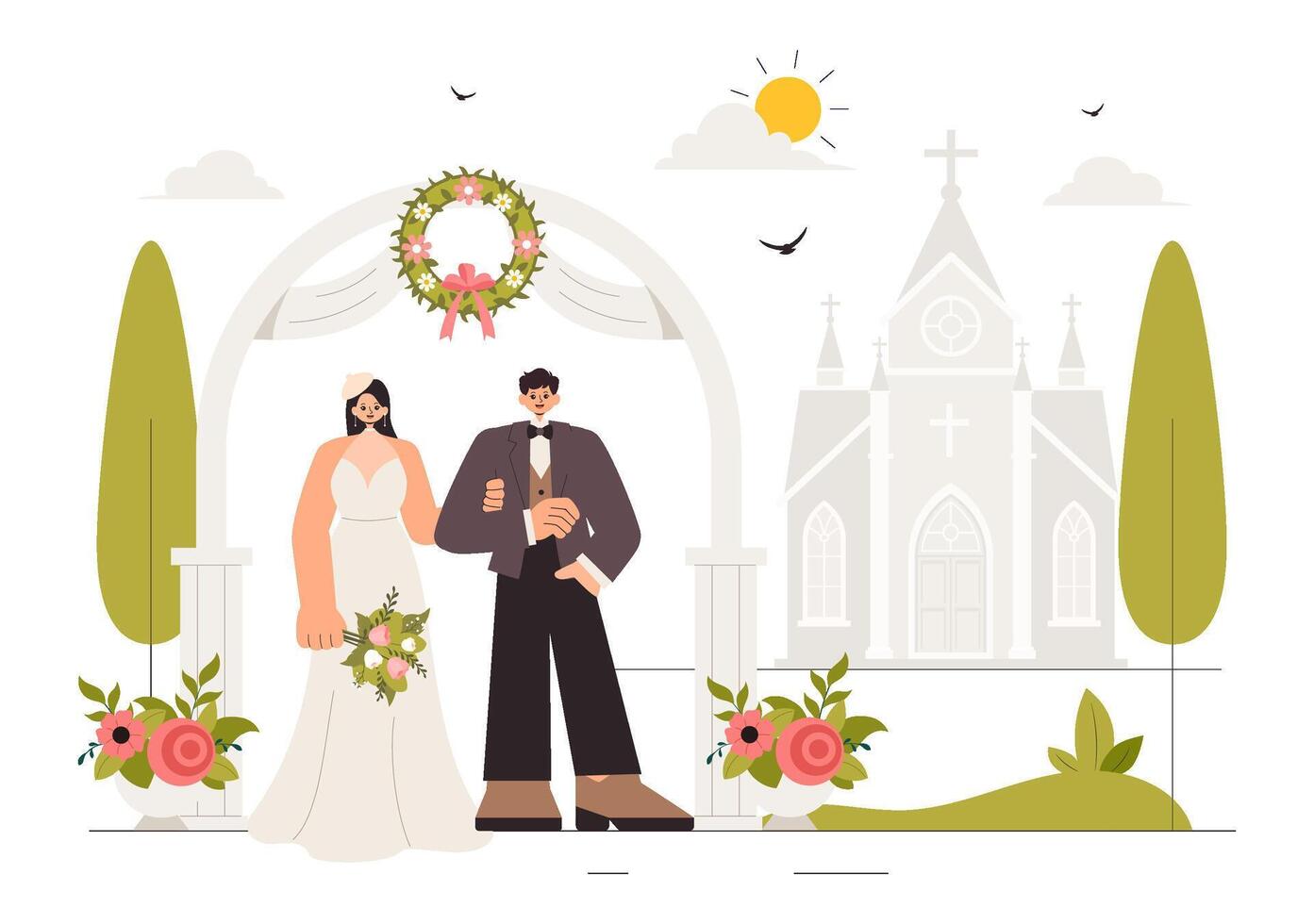 Romantic Wedding Ceremony Illustration with Bride and Groom in a Floral Ballroom vector