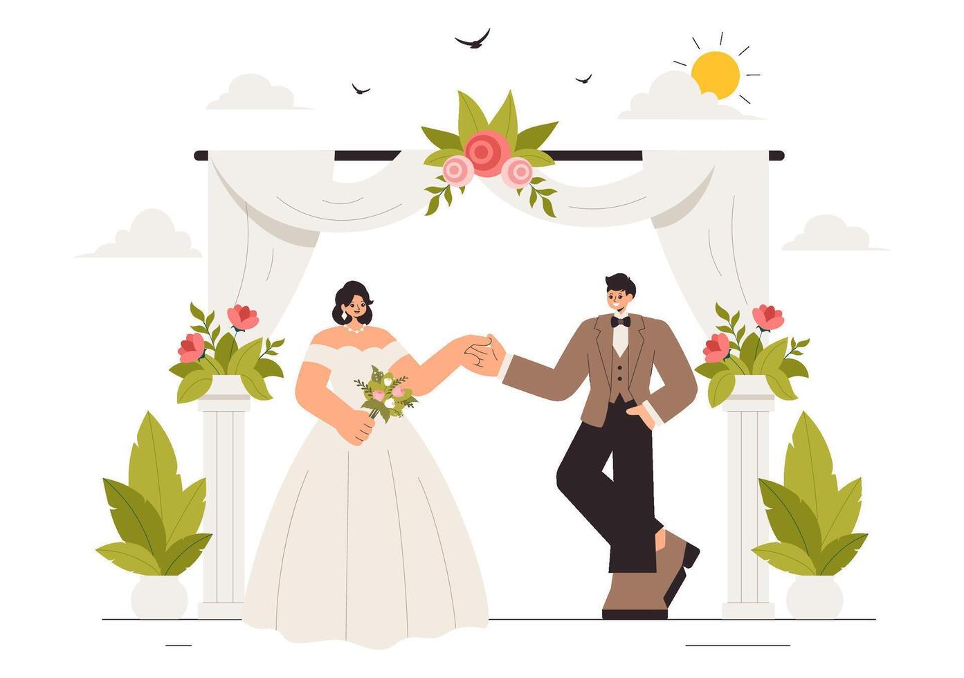 Romantic Marriage Ceremony Illustration with a Decorated Ballroom vector