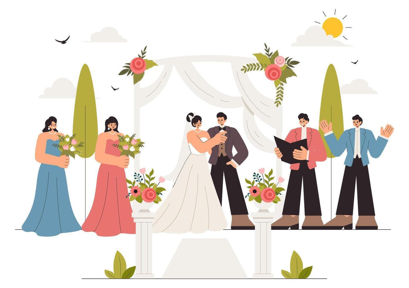 Flat Style Wedding Illustration of a Couple Celebrating in a Decorated Hall vector