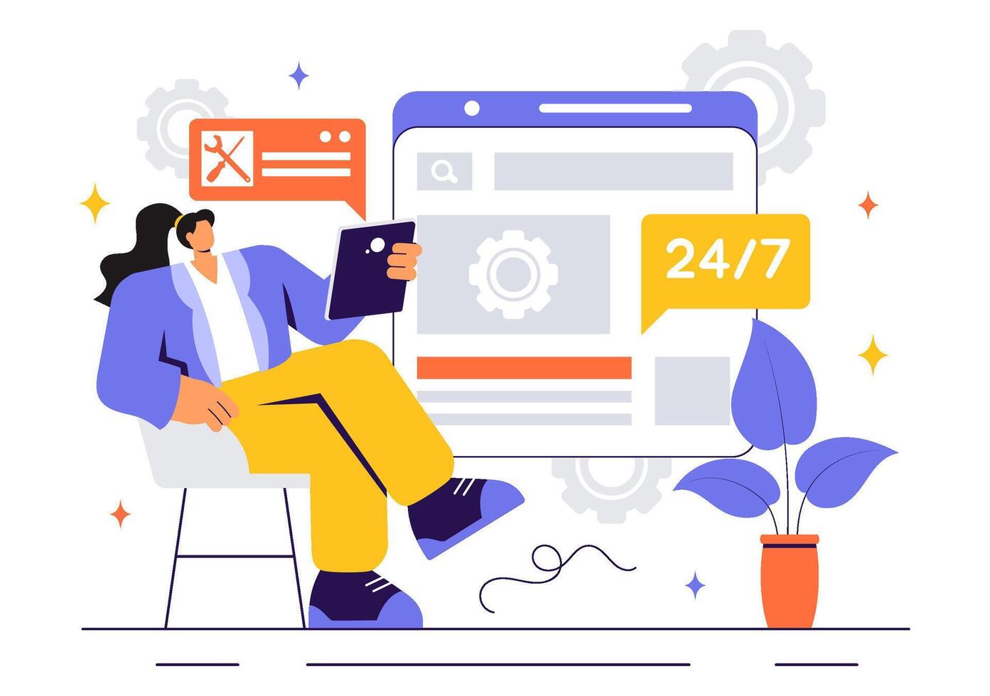 Illustration of a Tech Support Team Providing Software Assistance and Customer Help in a Flat Style vector