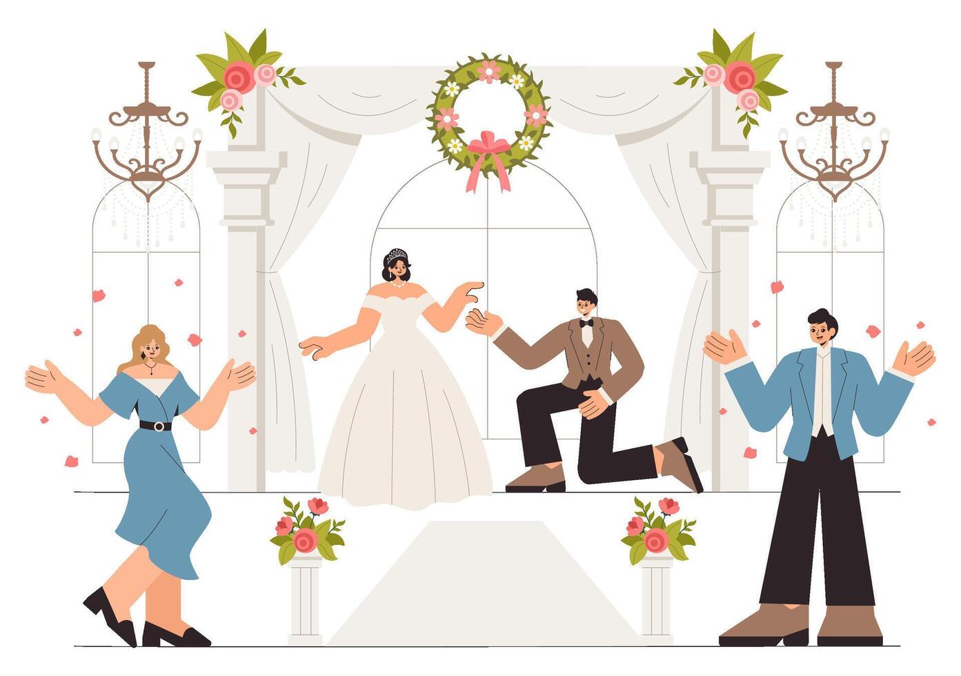 Wedding Reception Illustration Featuring a Bride and Groom in a Floral Setting vector