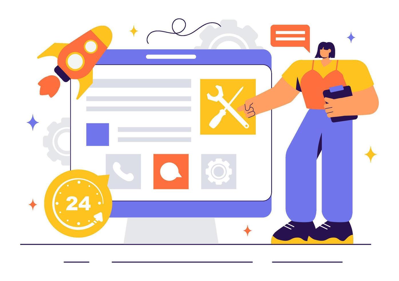 Illustration of an IT Help Desk and Remote Technical Support Service in a Flat Background vector