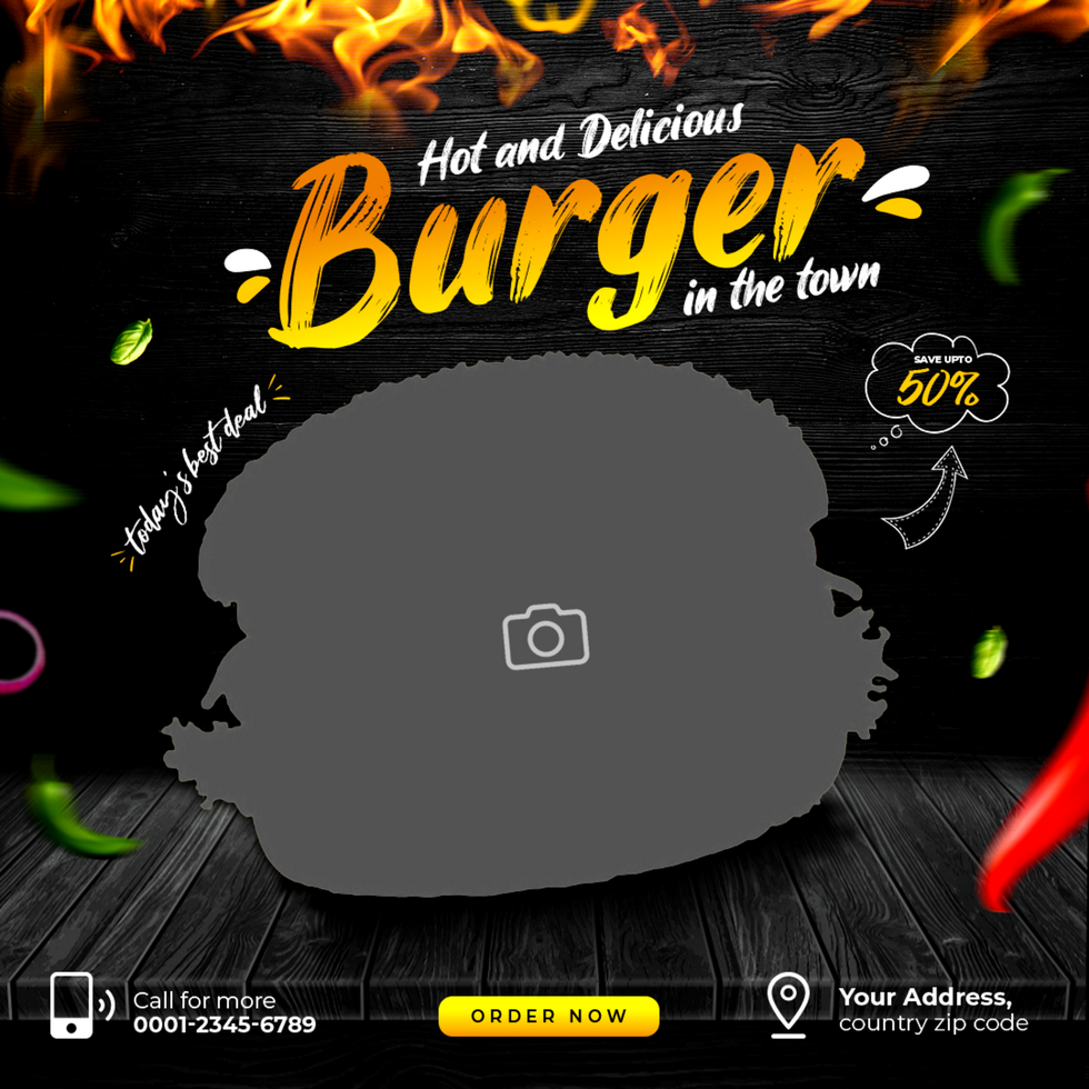 Hot and Delicious Burger in the Town Social Media Template psd