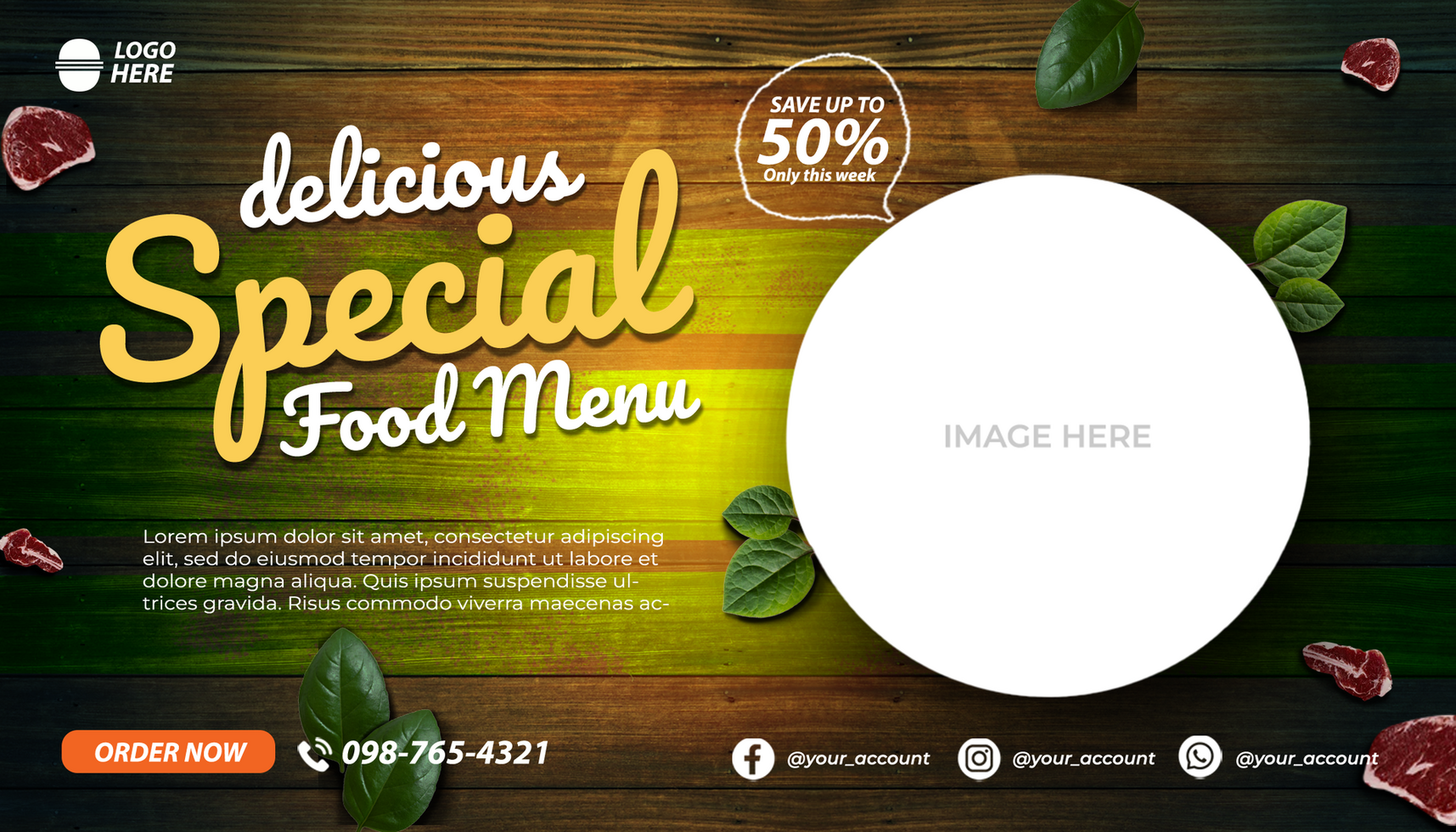 A restaurant menu design with a white circle psd