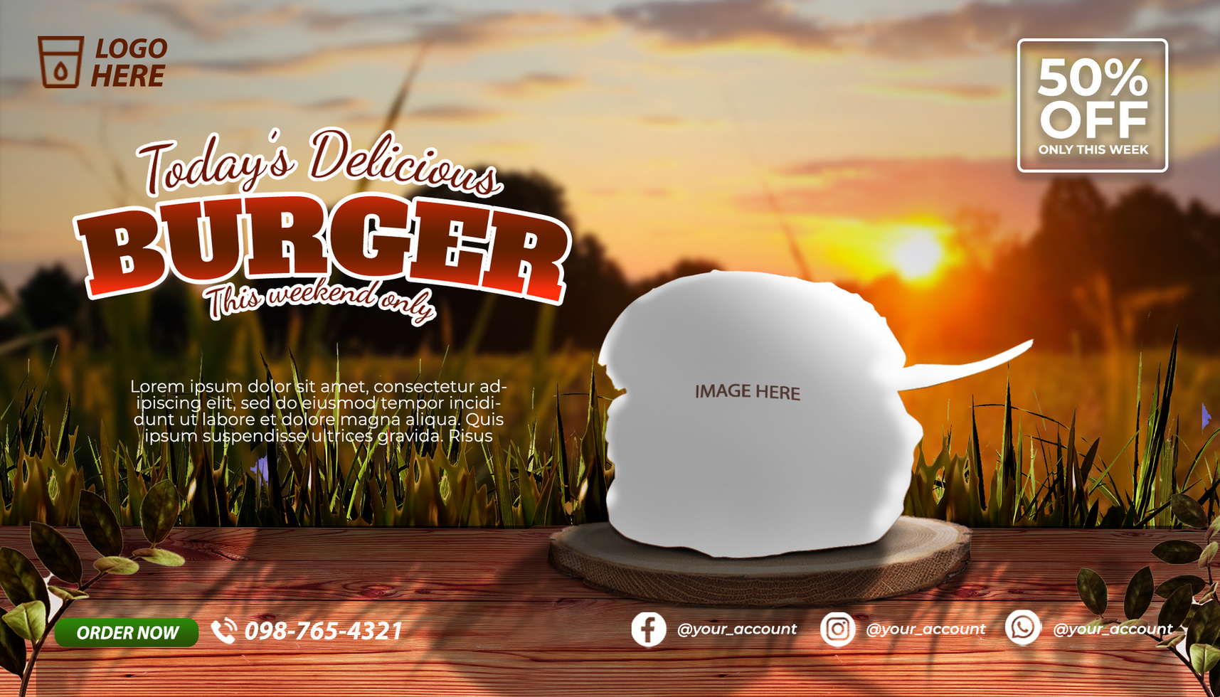 A burger is sitting on a wooden table with the words talking to you burger psd