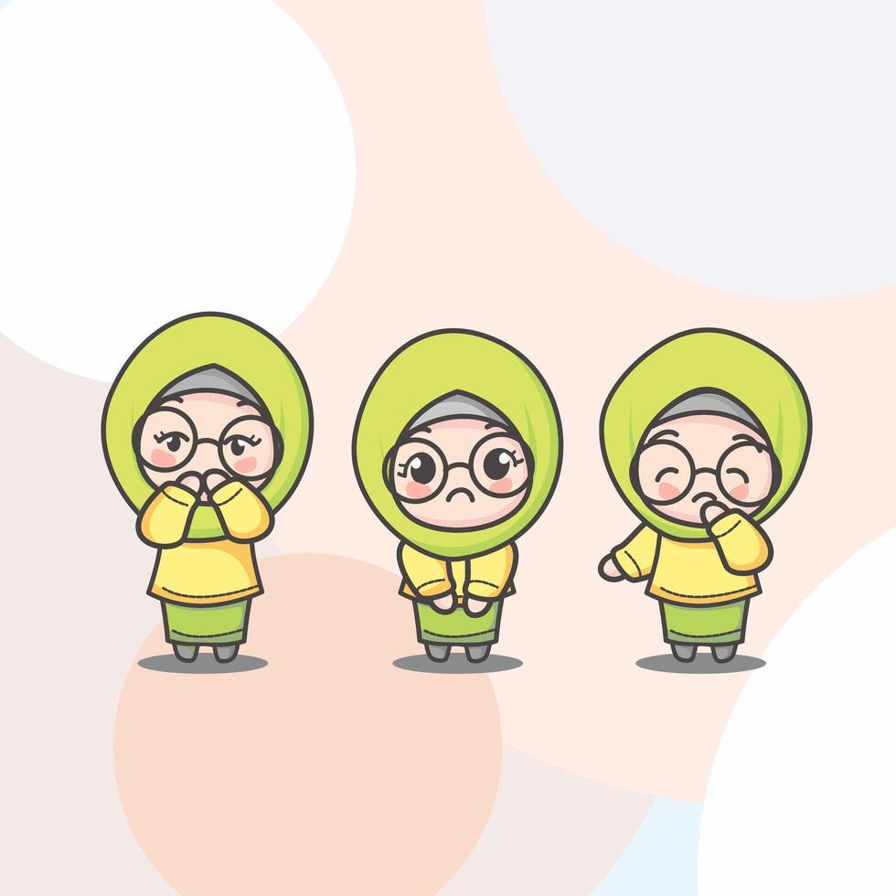Cute Mosleem girl with three expression, wearing Glasses, Light Green Hijab and Yellow tees. Can be used for illustrations, status or profile photos on social media. vector