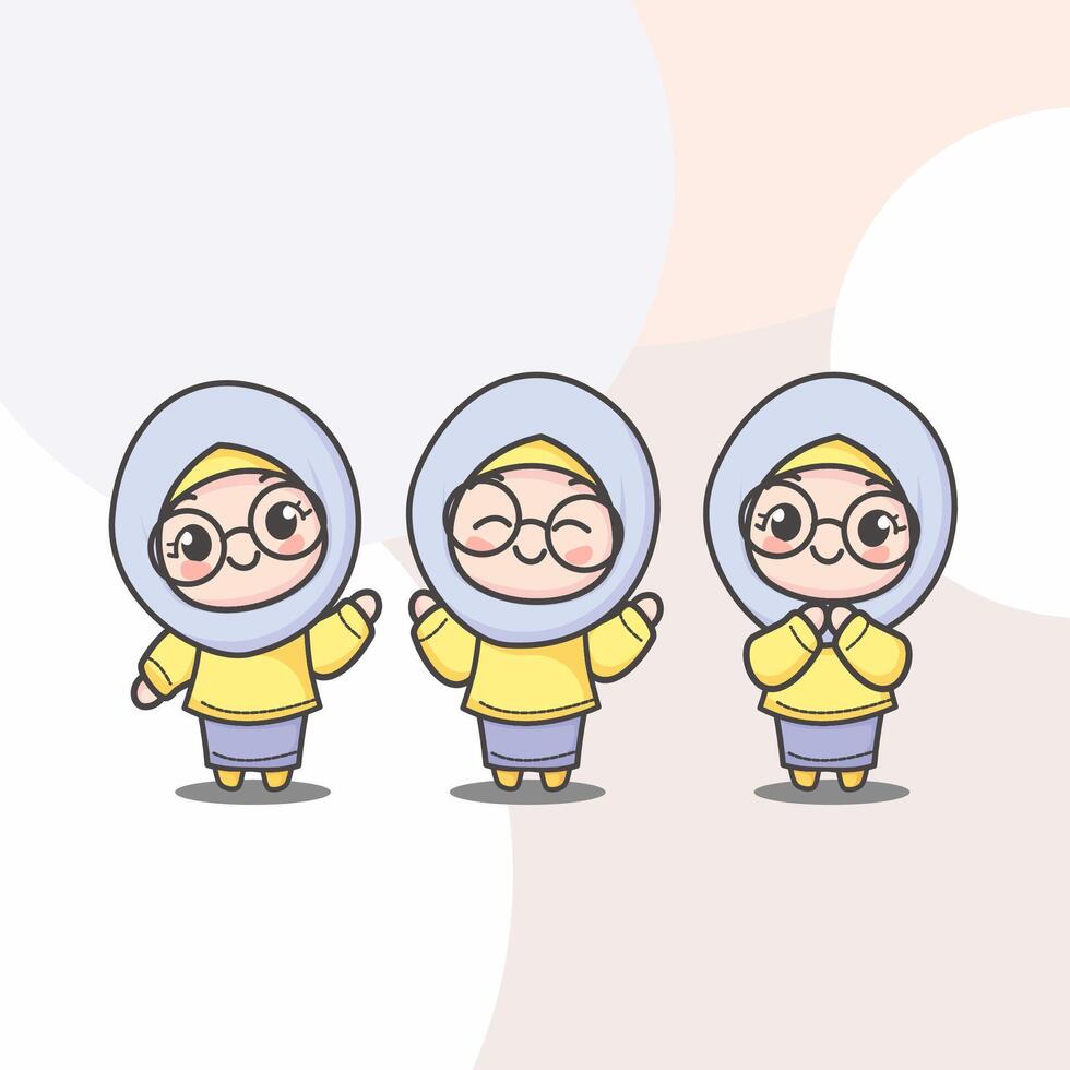 Cute Mosleem girl with three expression, wearing Glasses, Light Blue Hijab and Yellow tees. Can be used for illustrations, status or profile photos on social media. vector