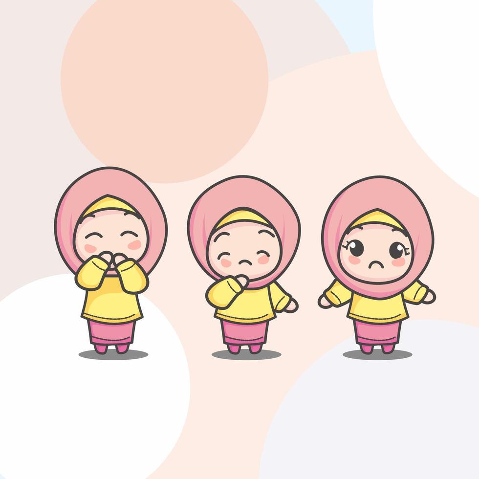 Cute Mosleem girl with three expression, wearing Light Pink Hijab and Light Yellow tees. Can be used for illustrations, status or profile photos on social media. vector