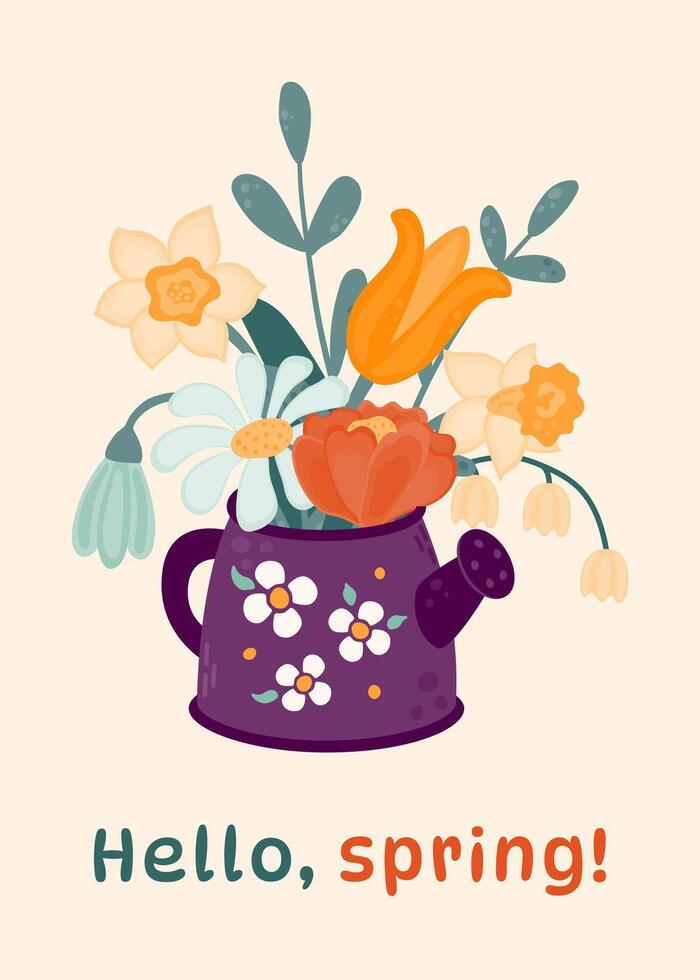 Bouquet of wild and garden flowers in a watering can. vector