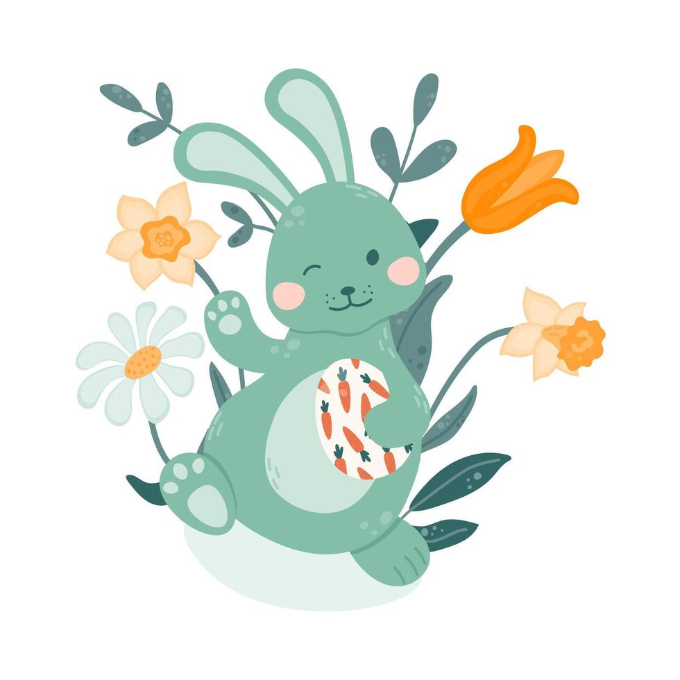Bunny waves his hand and holds an Easter egg in his paws on a background of flowers. vector
