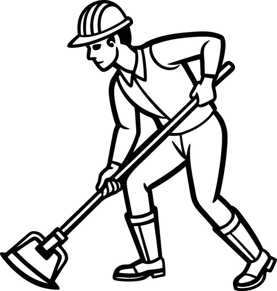 a man in hard hat and overalls is using a shovel vector