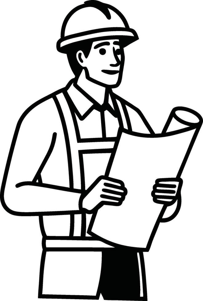 Construction Engineer Silhouette Worker Checking Blueprint vector