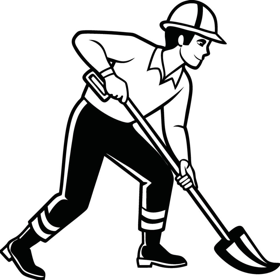 a black and white image of a man with a shovel vector