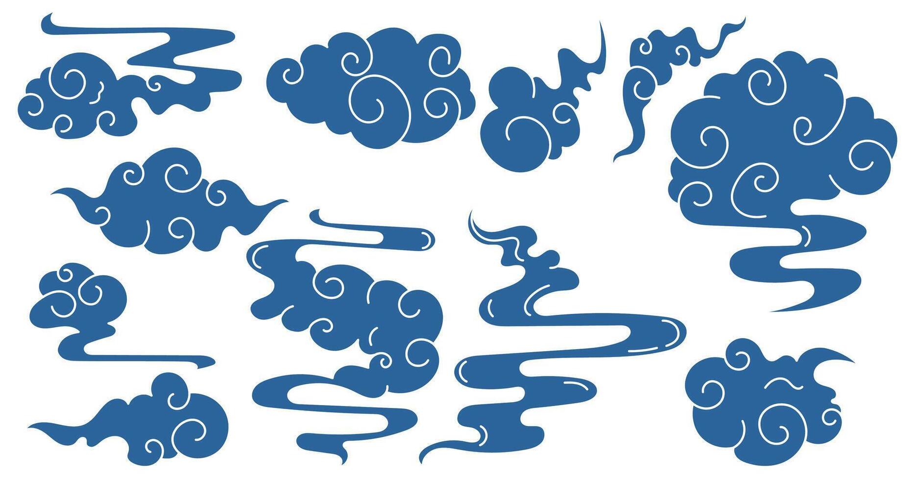 Set of Japanese or chinese clouds style, traditional ornament, blue decorative clouds vector