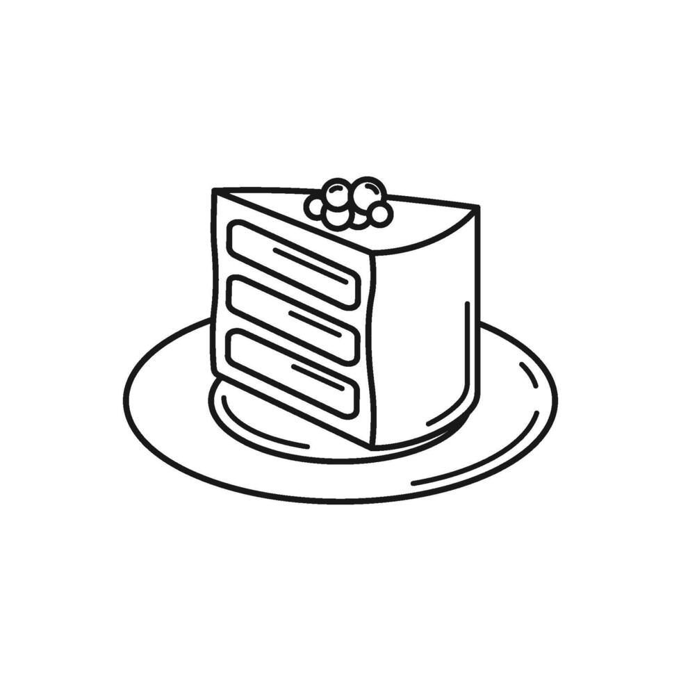 Hand Drawn Cake Slice with Bery on Plate Outline Design vector