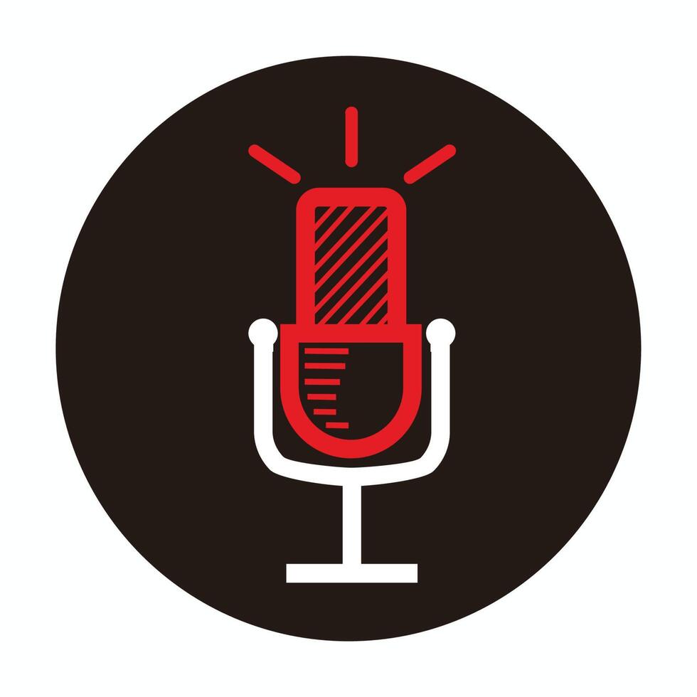 red and white simple line art microphone isolated on black circle - simple line art microphone for music, radio, broadcast or podcast - line art microphone logo or icon vector