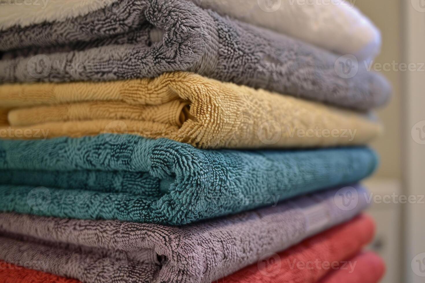 Stack of colorful and clean cotton towels folded on top of each other photo