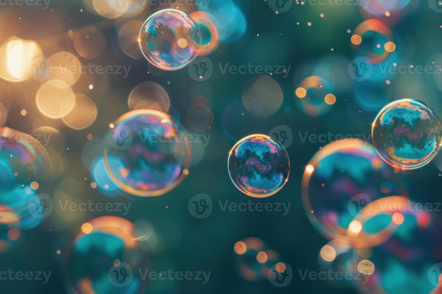 Soap bubbles floating reflecting golden bokeh lights abstract background photo