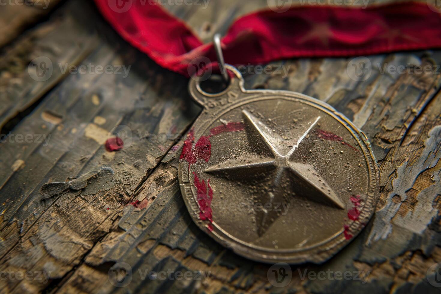 Old tarnished medal with red ribbon resting on wooden surface photo