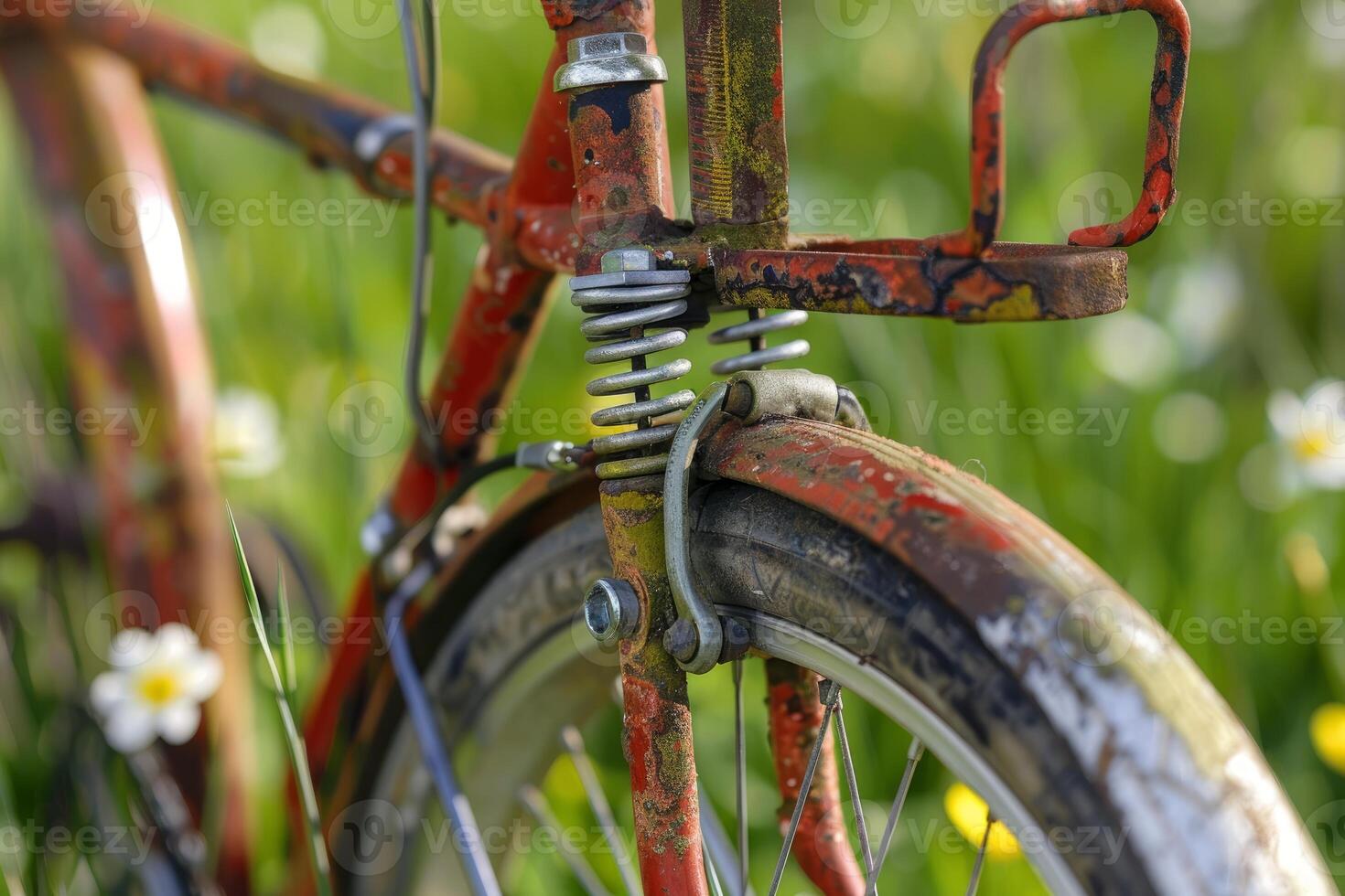 Old rusty red bicycle sitting in grass photo