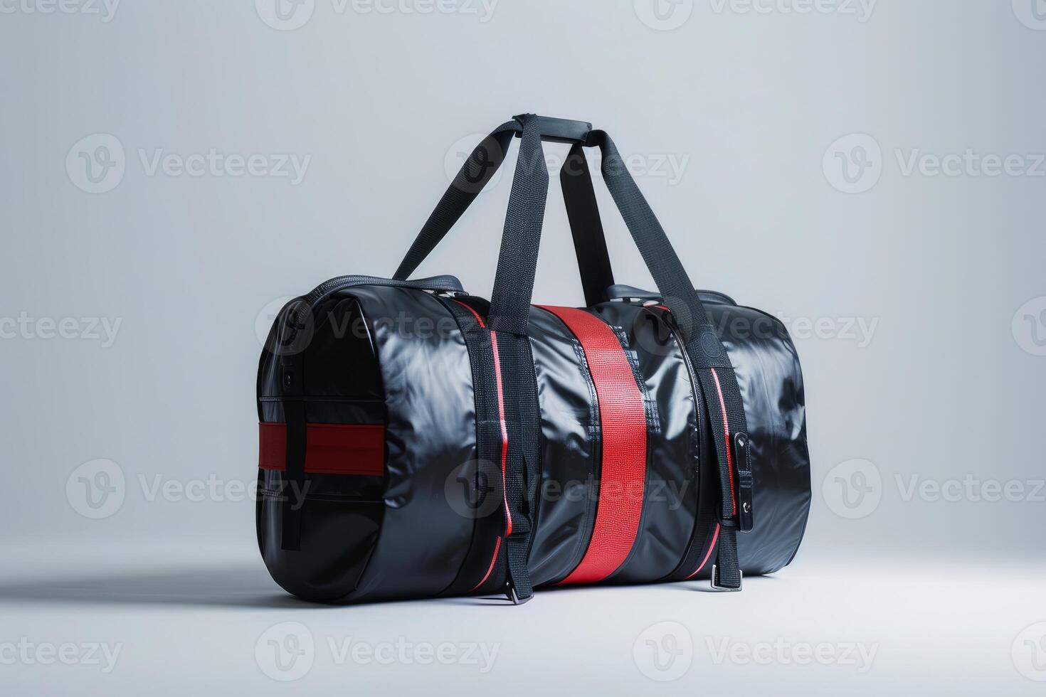 Black and red sports bag standing on gray background photo