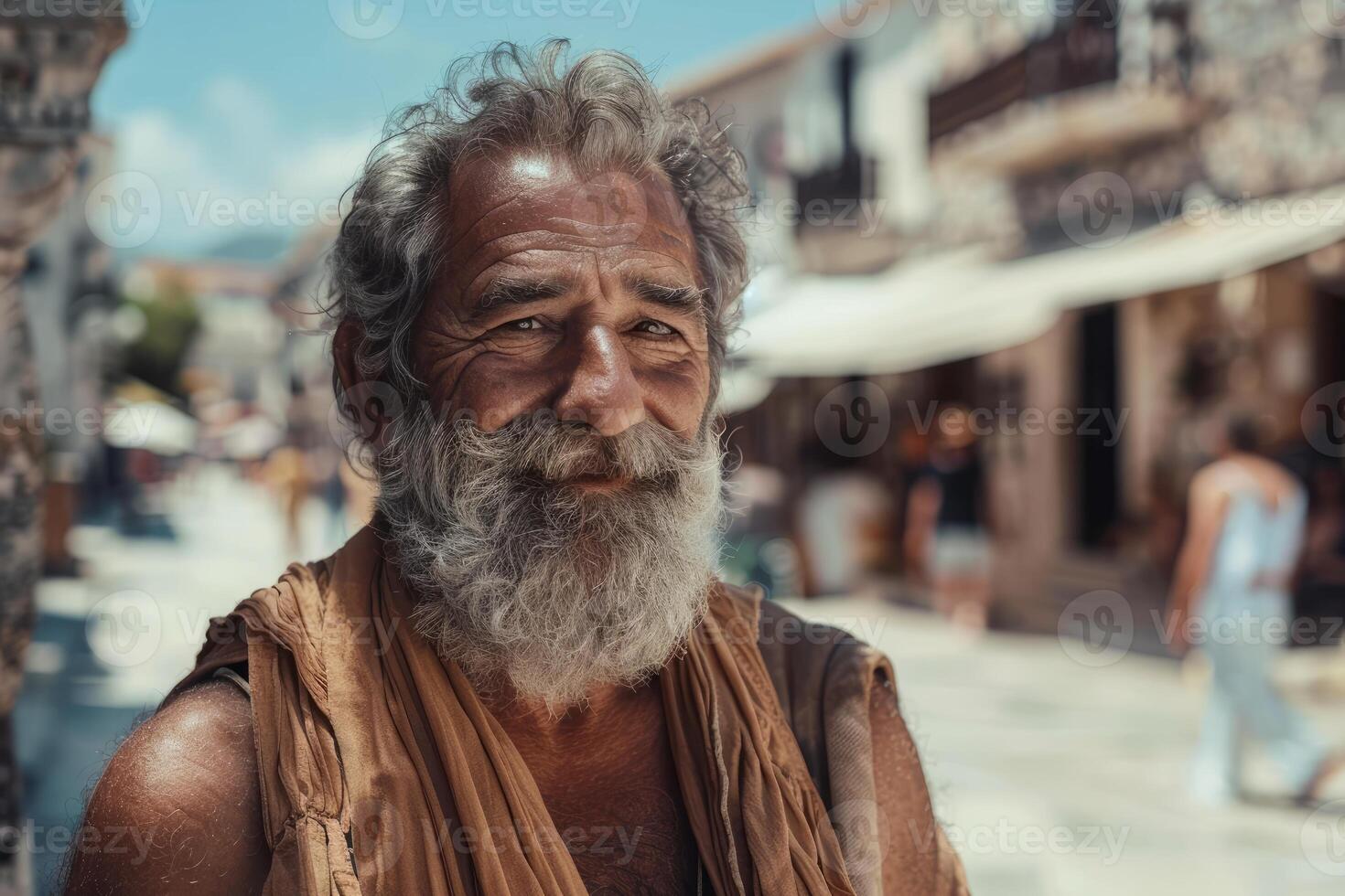 Portrait of smiling senior man with long beard in traditional greek village photo