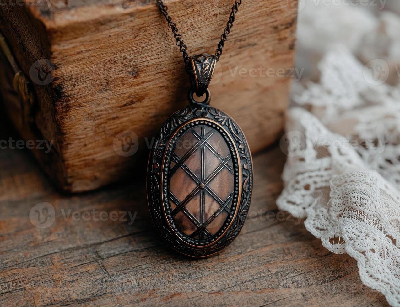 Ornate bronze pendant necklace with wooden inlay on rustic wooden background photo