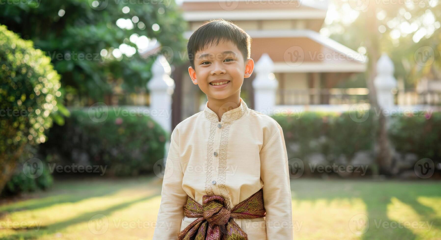 Joyful young asian boy in traditional dress outdoors at sunset photo