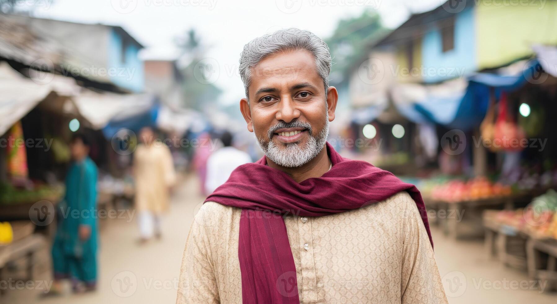 Mature asian male in traditional attire at vibrant outdoor market setting photo