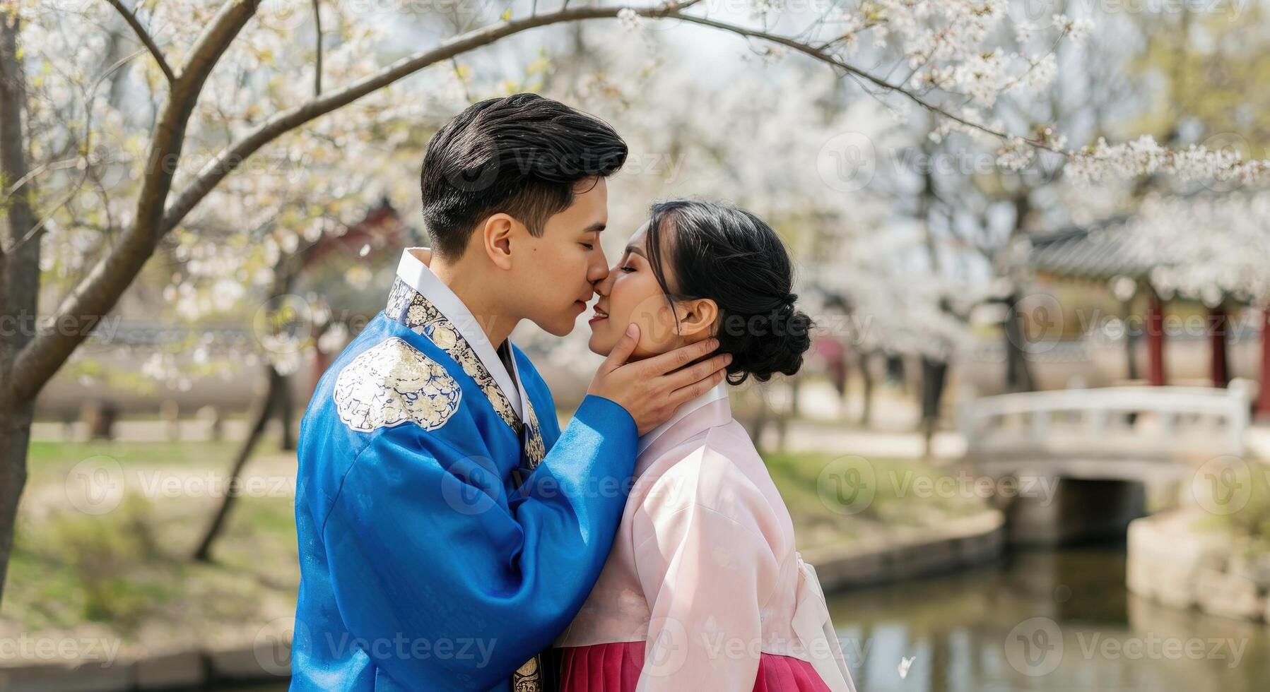 Romantic moment between young asian couple in traditional hanbok amidst cherry blossoms photo