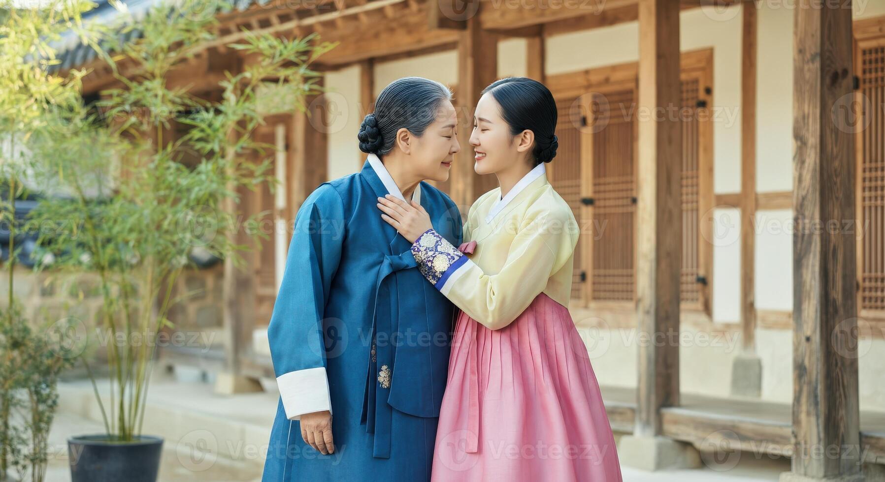 Celebration of korean culture and tradition with generational bonding in traditional hanbok attire photo
