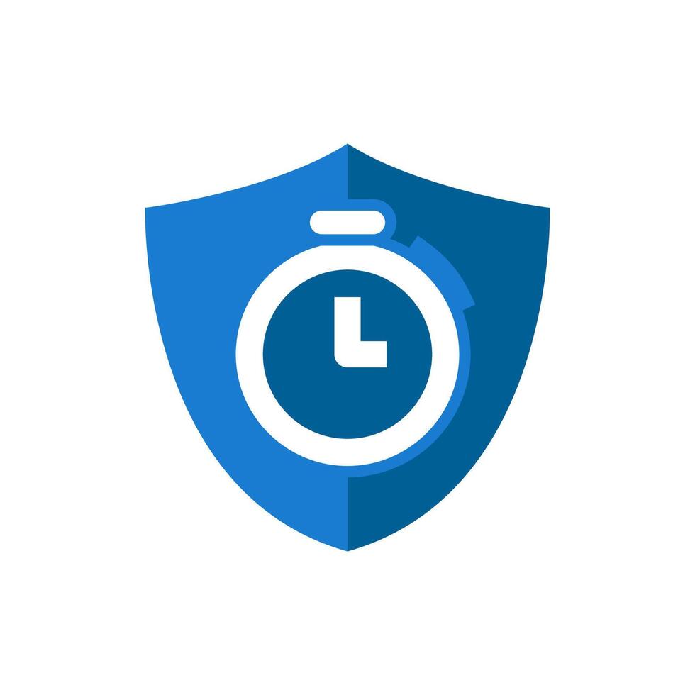 Flat illustration of a shield with stopwatch, symbolizing time efficiency, protection, punctuality assurance, on time guarantee. for concepts of time management, deadline security, and timely service vector