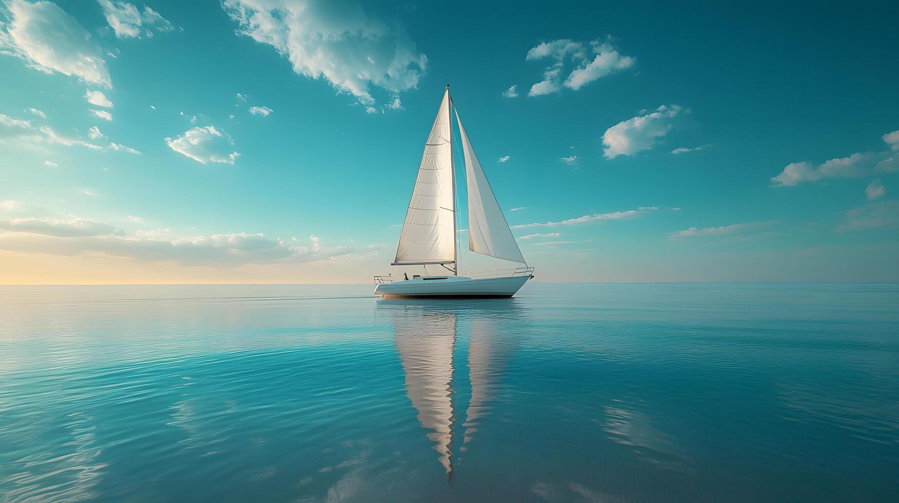White sailboat floats on calm ocean water in panoramic view. Minimalist seascape features crystal-clear reflections under bright blue sky with soft clouds, creating serene atmosphere. reflection photo