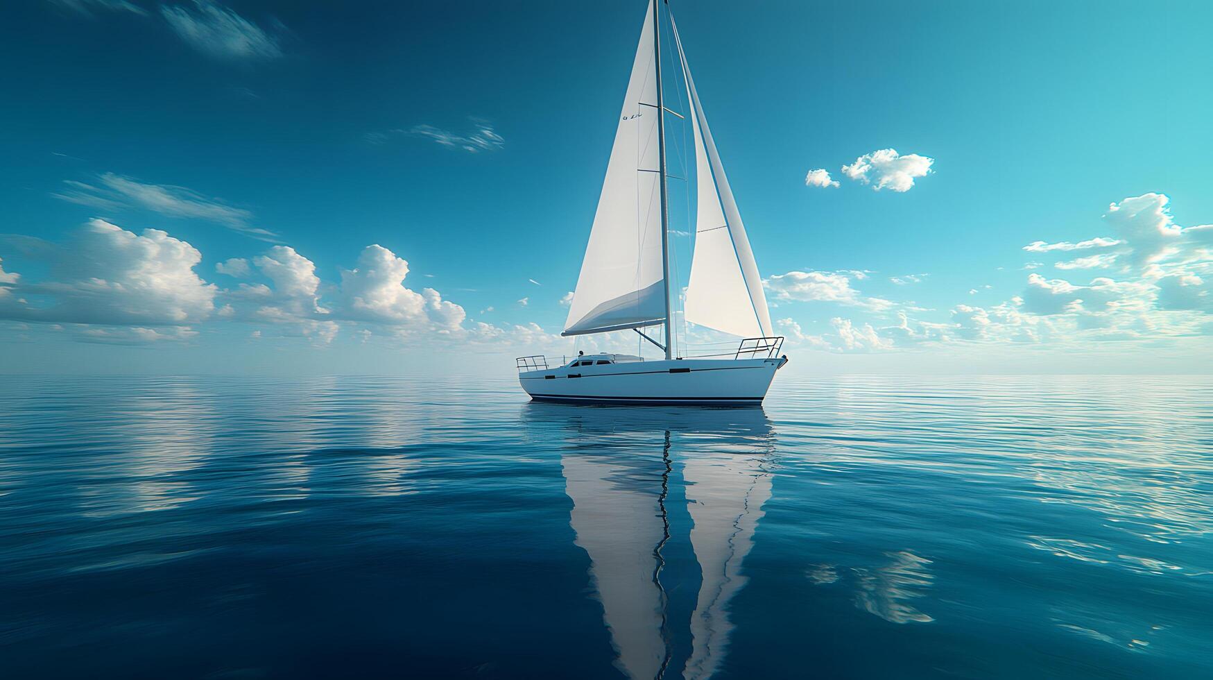 White sailboat floats on calm ocean water in panoramic view. Minimalist seascape features crystal-clear reflections under bright blue sky with soft clouds, creating serene atmosphere. sailboat photo