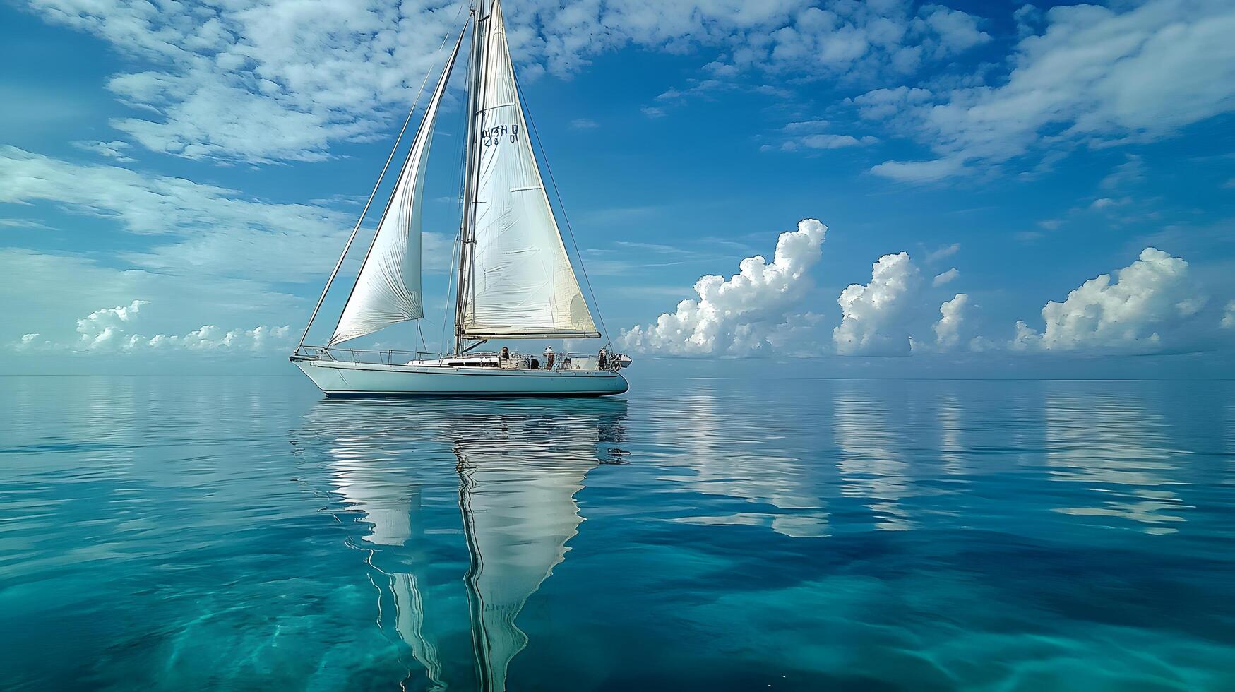 White sailboat floats on calm ocean water in panoramic view. Minimalist seascape features crystal-clear reflections under bright blue sky with soft clouds, creating serene atmosphere. clouds photo