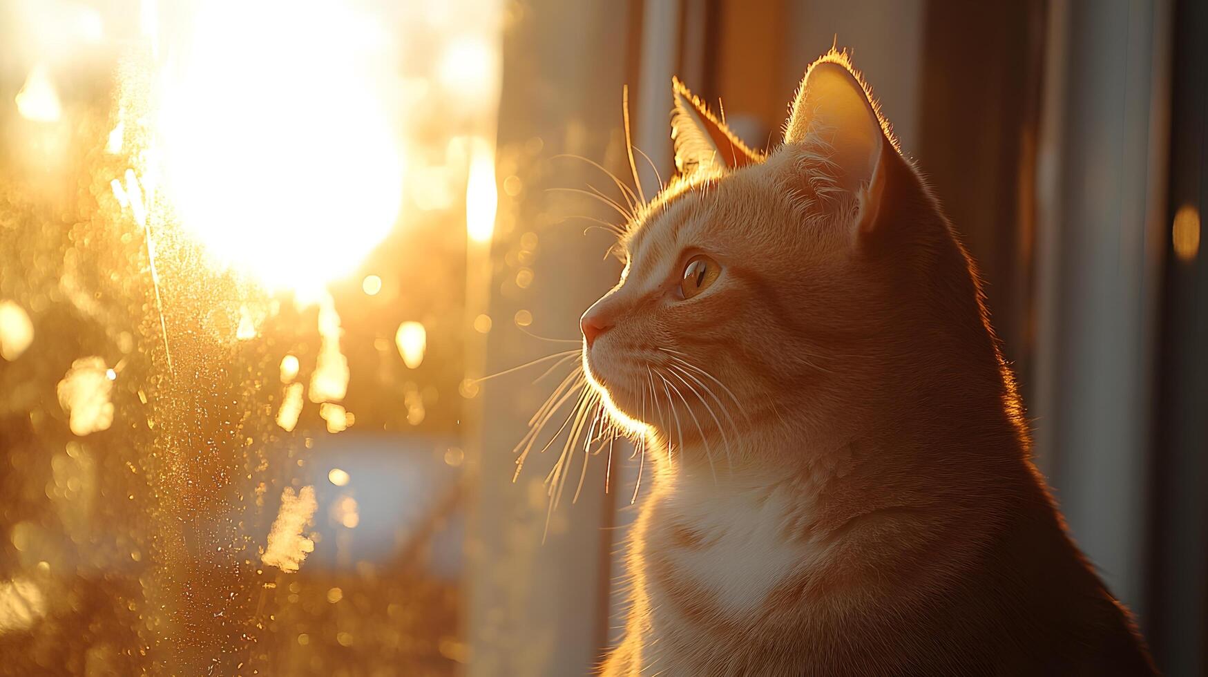 Majestic American Shorthair cat sits by window in side profile, basking in golden hour lighting. White fur texture gleams against bokeh background, creating dreamy atmosphere in sunset glow. lighting photo