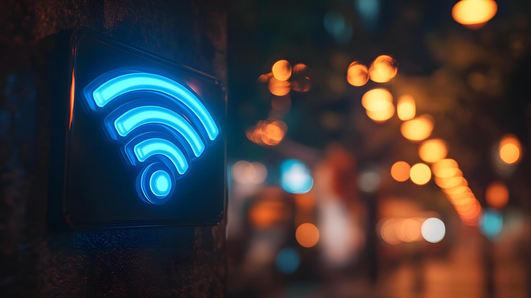 Glowing blue WiFi symbol illuminates wall-mounted sign in modern design. Technology icon stands out in evening atmosphere with bokeh lights creating dark, moody setting. modern photo