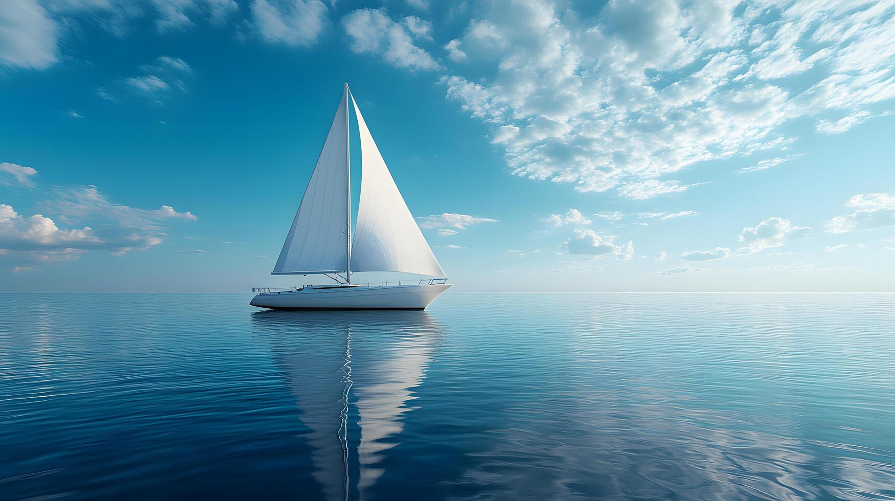 White sailboat floats on calm ocean water in panoramic view. Minimalist seascape features crystal-clear reflections under bright blue sky with soft clouds, creating serene atmosphere. bright photo