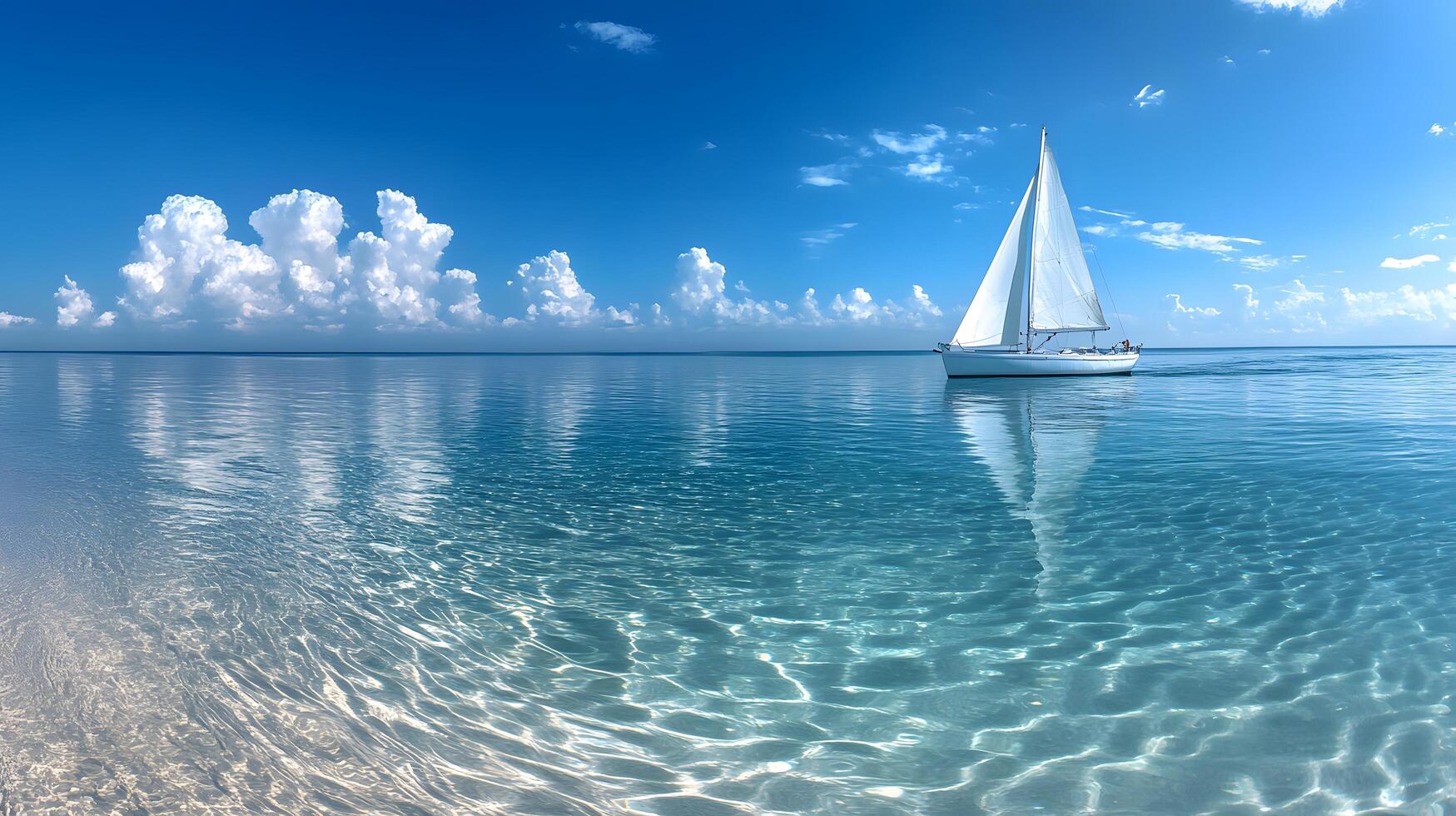 White sailboat floats on calm ocean water in panoramic view. Minimalist seascape features crystal-clear reflections under bright blue sky with soft clouds, creating serene atmosphere. calm photo