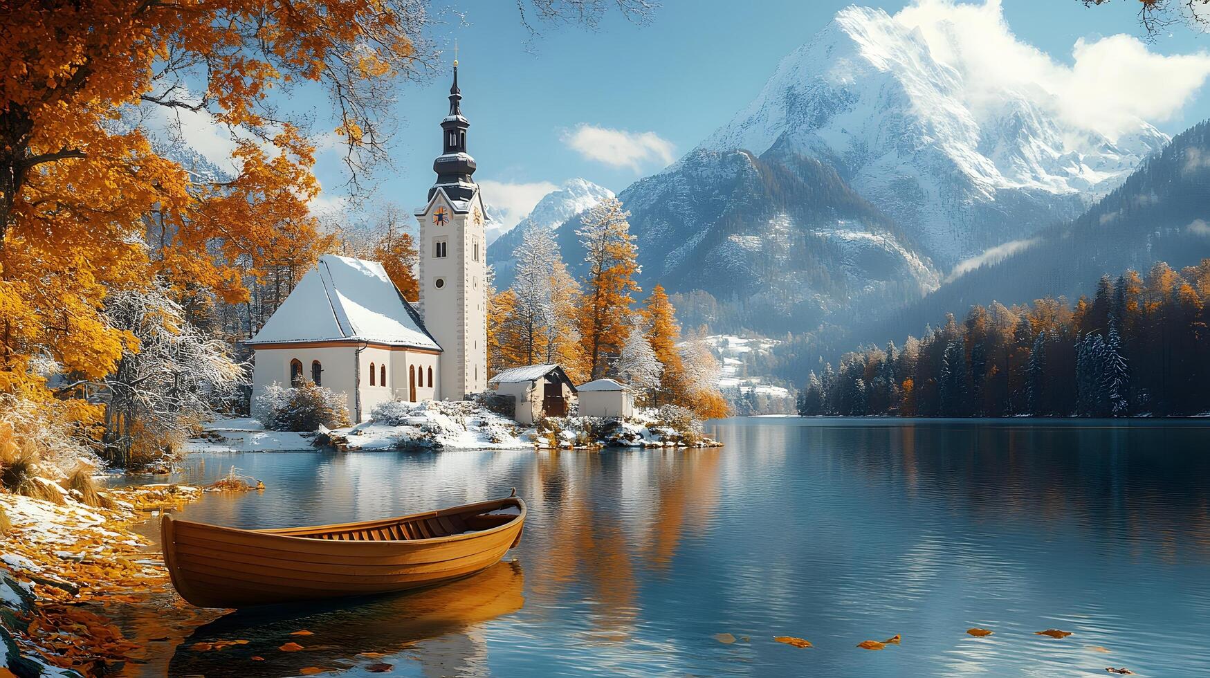 Picturesque Alpine church stands by turquoise lake, surrounded by snow-covered landscape and mountain peaks. Wooden boat rests on crystal-clear water, while autumn leaves frame reflection photo
