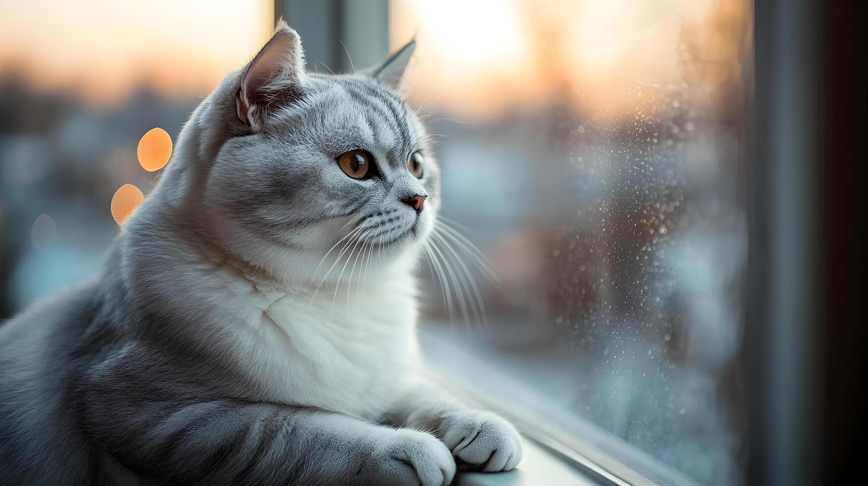 Majestic American Shorthair cat sits by window in side profile, basking in golden hour lighting. White fur texture gleams against bokeh background, creating dreamy atmosphere in sunset glow. hour photo