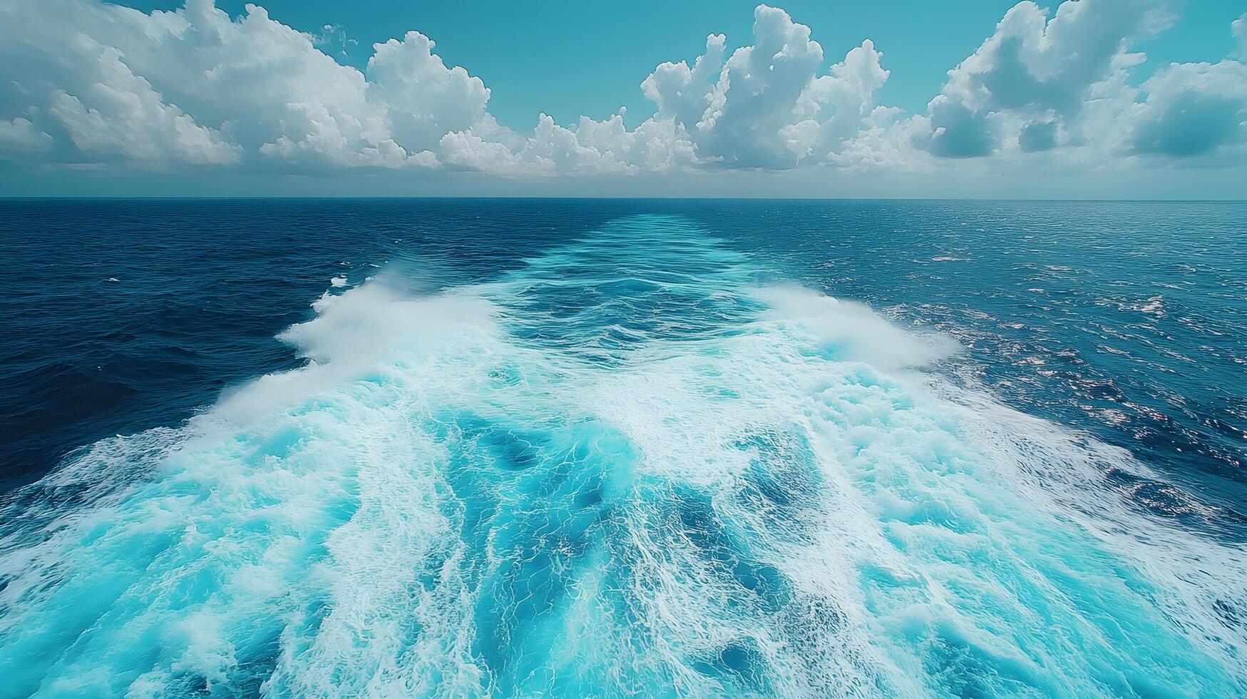 Ocean wake pattern stretches behind cruise ship in aerial view. Deep blue sea meets bright sky with white clouds, while turquoise foam trails create dynamic water movement on sunny day. sunny photo