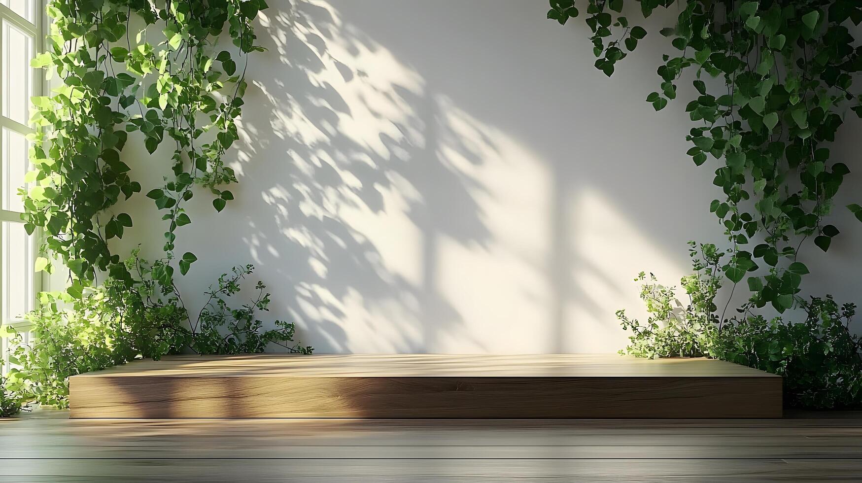 Wooden display platform made of brown oak presents minimalist stage design. Green ivy leaves frame the elegant presentation space against white wall, enhanced by natural sunlight and soft shadows. cl photo