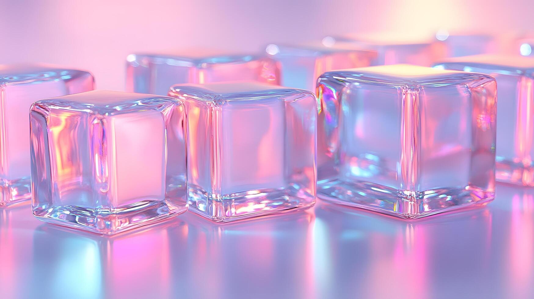 Transparent glass cubes arranged in a row displaying iridescent reflections and holographic effects, illuminated by pink and blue gradient lighting on a white background. sequence photo
